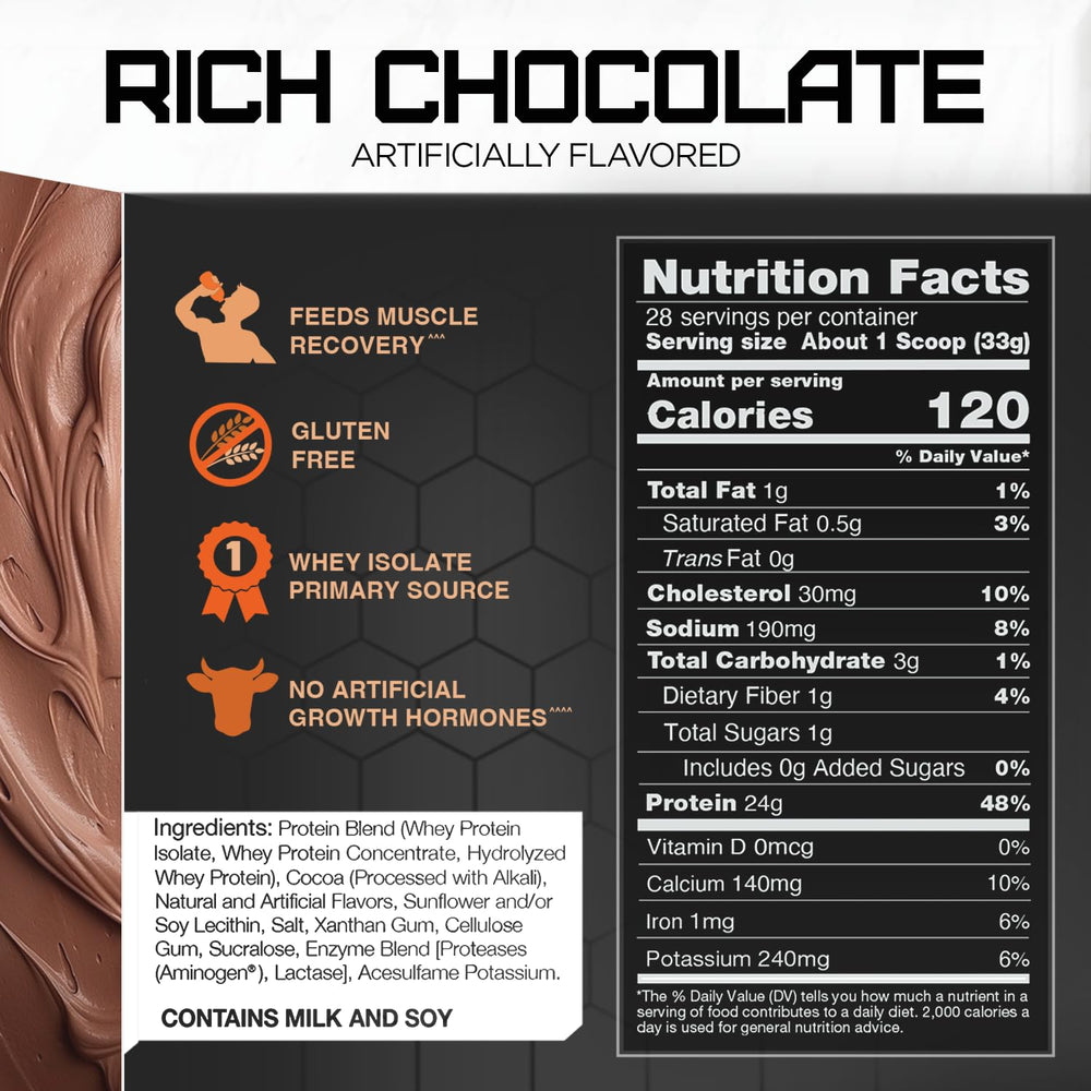 Rival Whey Rich Chocolate 2lb tub beside a shaker for daily use