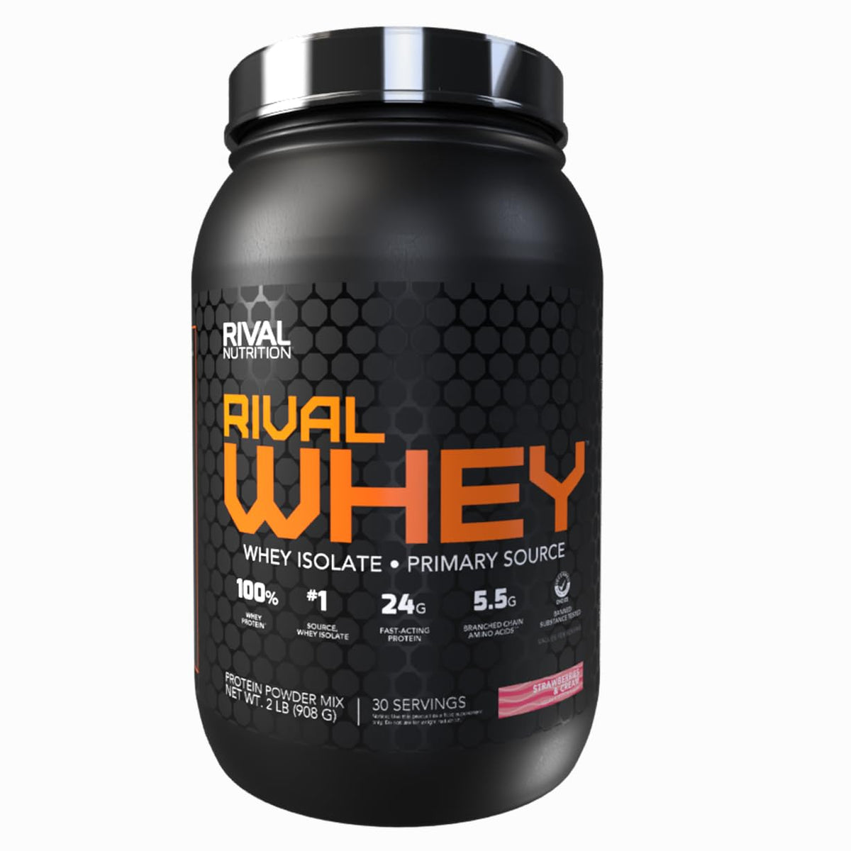 RIVAL NUTRITION Rival Whey Strawberry and Cream 2lb container, high-purity protein for post-workout recovery.