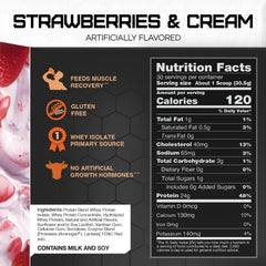 RIVAL NUTRITION Nutrition label for Rival Whey Strawberry and Cream on 2lb tub.