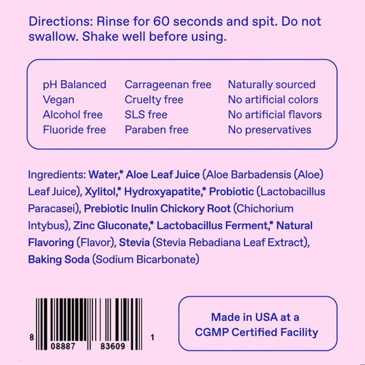 Riven Probiotic Mouthwash bottle side view highlights fluoride-free formula for gentle care