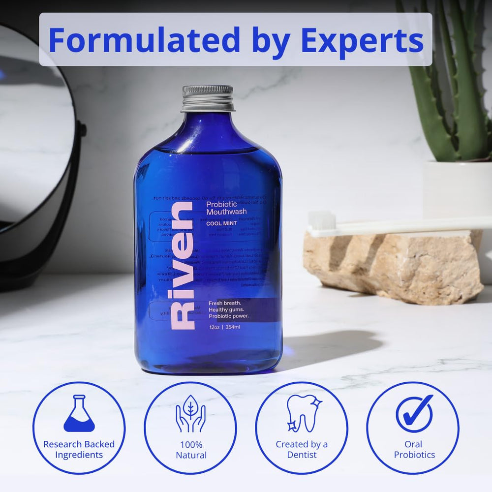Riven Probiotic Mouthwash two-pack on counter emphasizing convenient daily routine