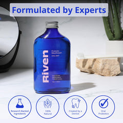 Riven Probiotic Mouthwash two-pack on counter emphasizing convenient daily routine