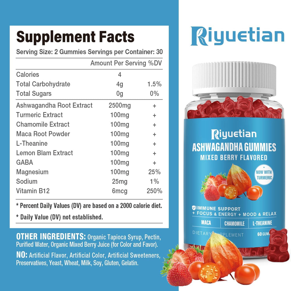 Riyuetian Ashwagandha Gummies vitamin B12 label supports energy