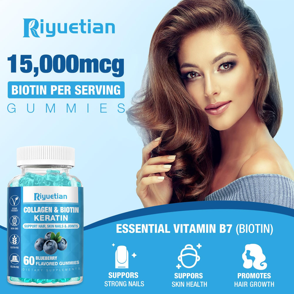 Riyuetian biotin-collagen gummies close-up emphasizing hair health
