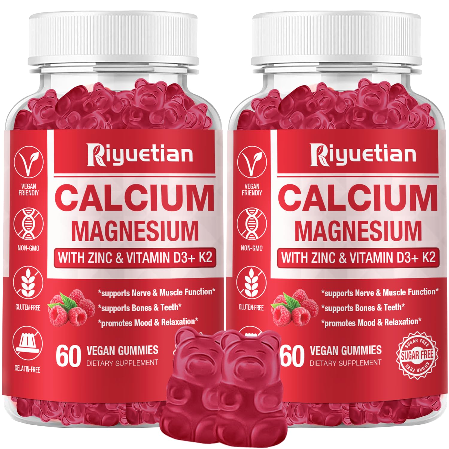 Riyuetian Calcium Gummies bottle showing vegan, high-absorption minerals for daily bone support.