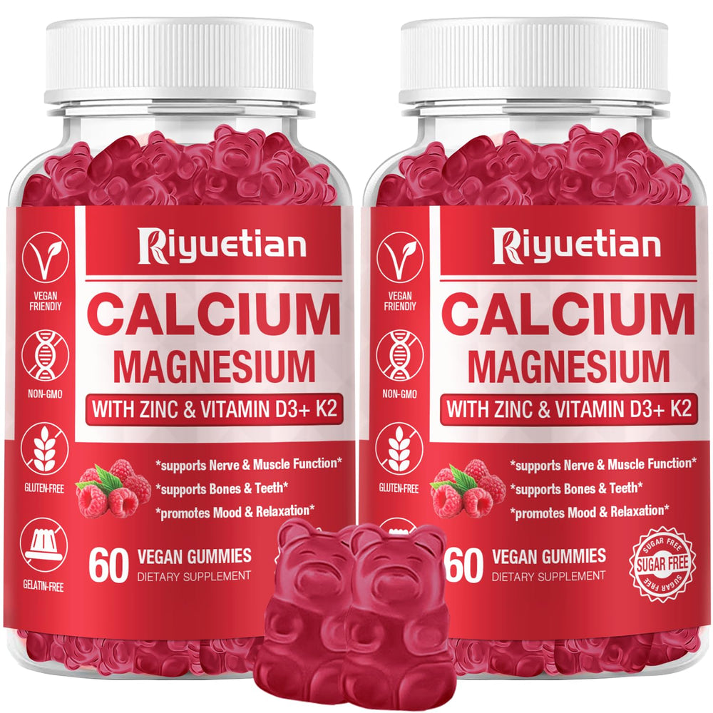 Riyuetian Calcium Gummies bottle showing vegan, high-absorption minerals for daily bone support.