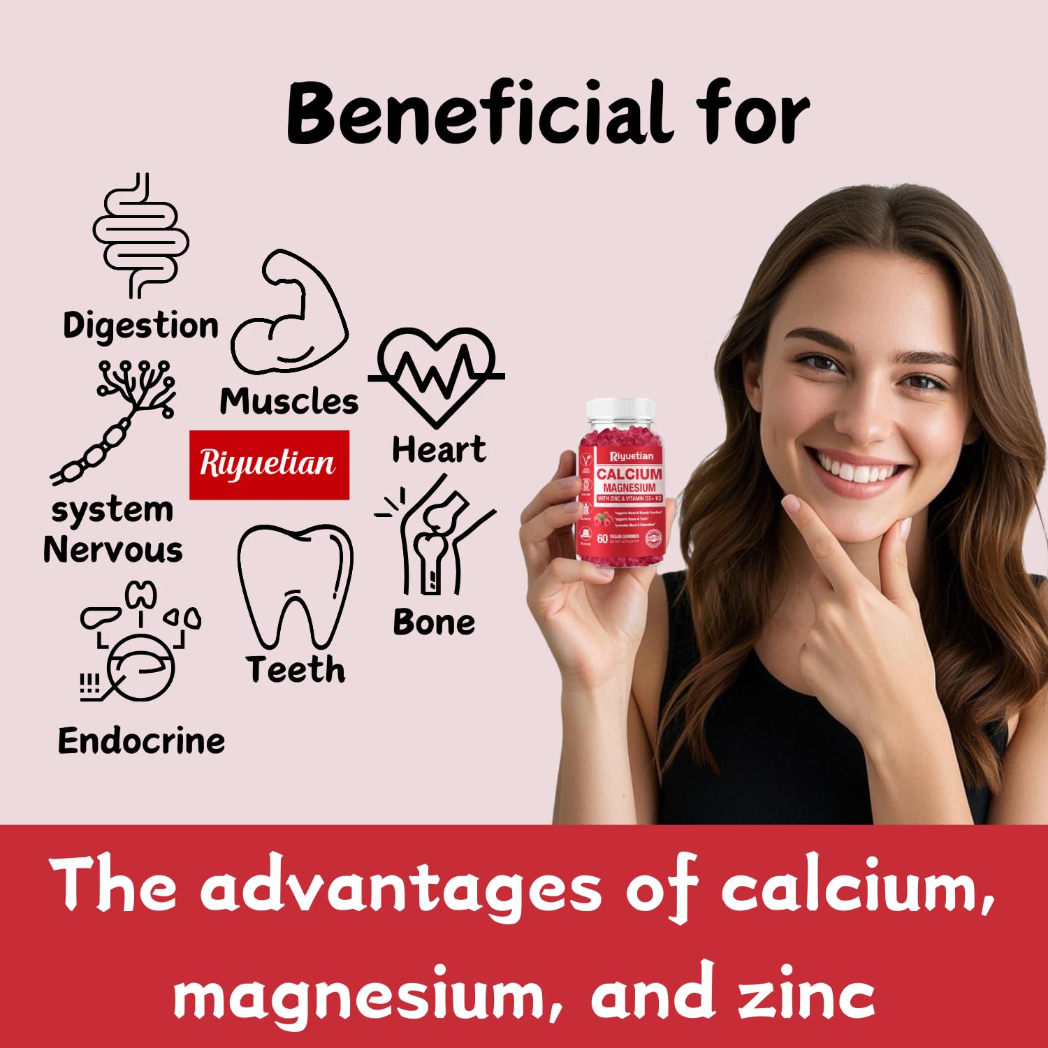 Riyuetian calcium gummies being poured for easy daily mineral intake.