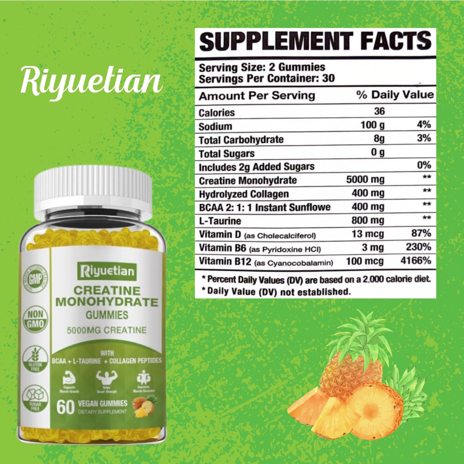Riyuetian Creatine Monohydrate Gummies jar back with ingredients and allergen info