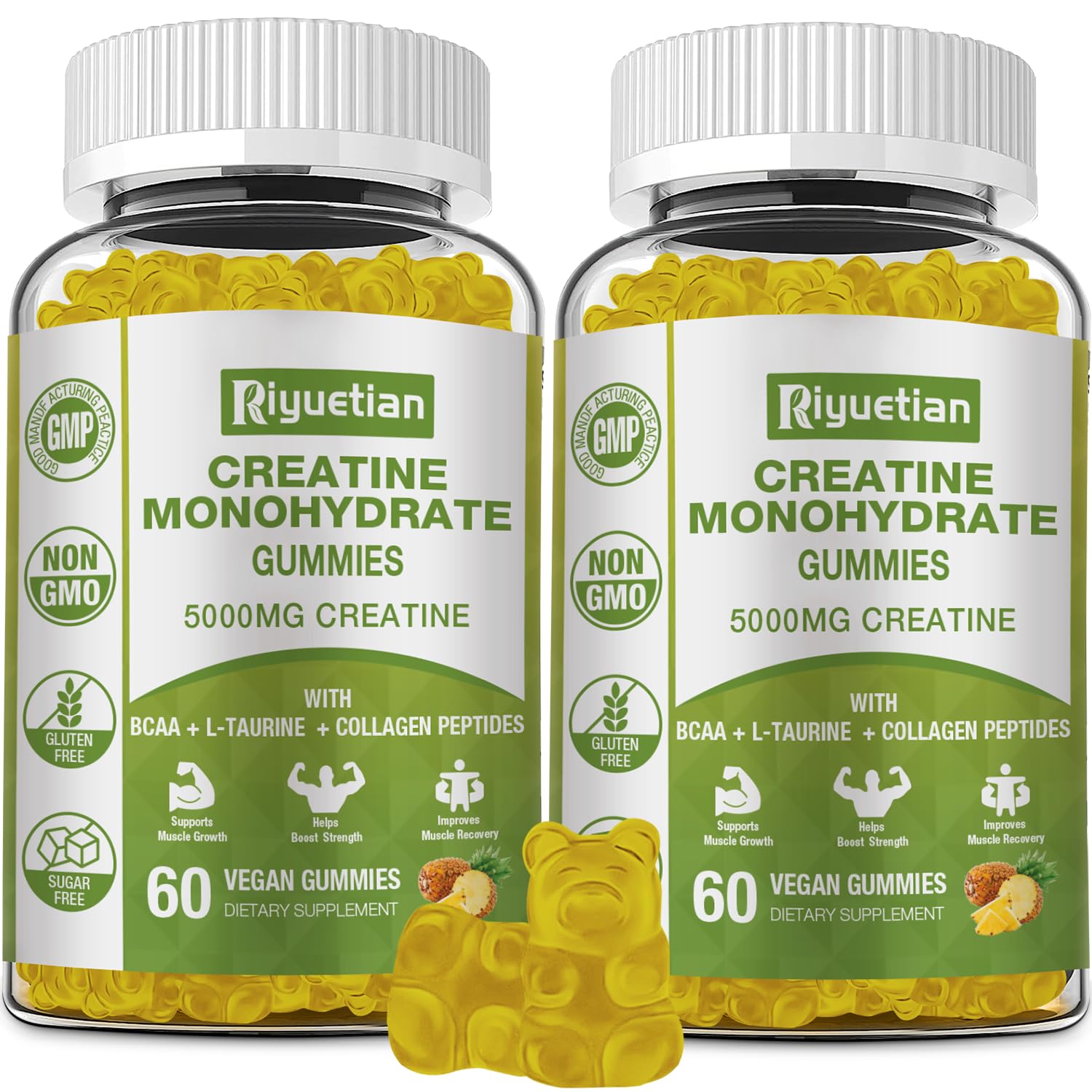 Riyuetian Creatine Monohydrate Gummies jar front showing packaging and 5 g serving