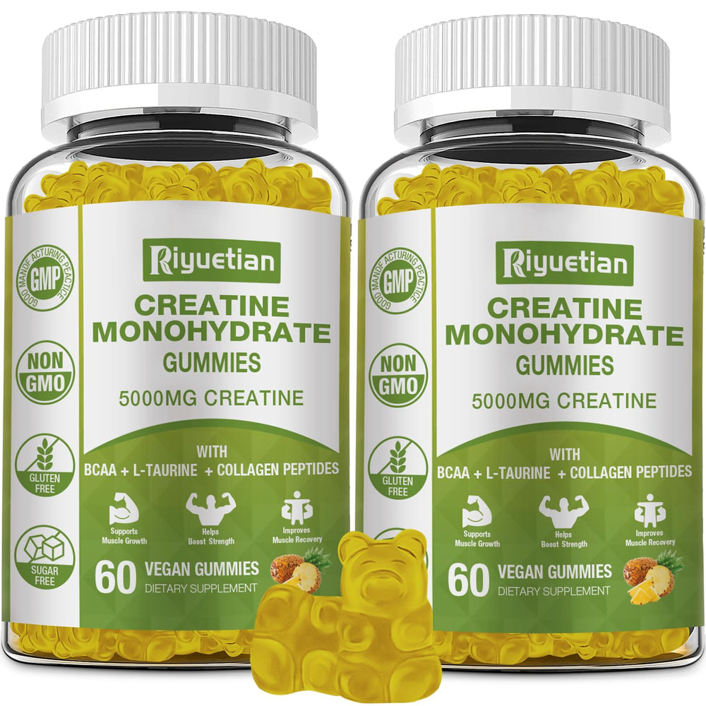 Riyuetian Creatine Monohydrate Gummies jar front showing packaging and 5 g serving