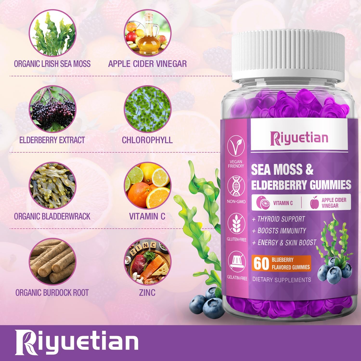 Riyuetian sea moss gummies ingredients chart highlights core botanicals for wellness