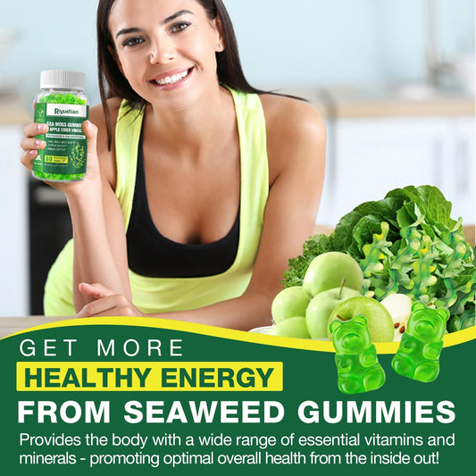 Riyuetian Sea Moss Gummies bottle close-up highlights organic sea moss ingredients