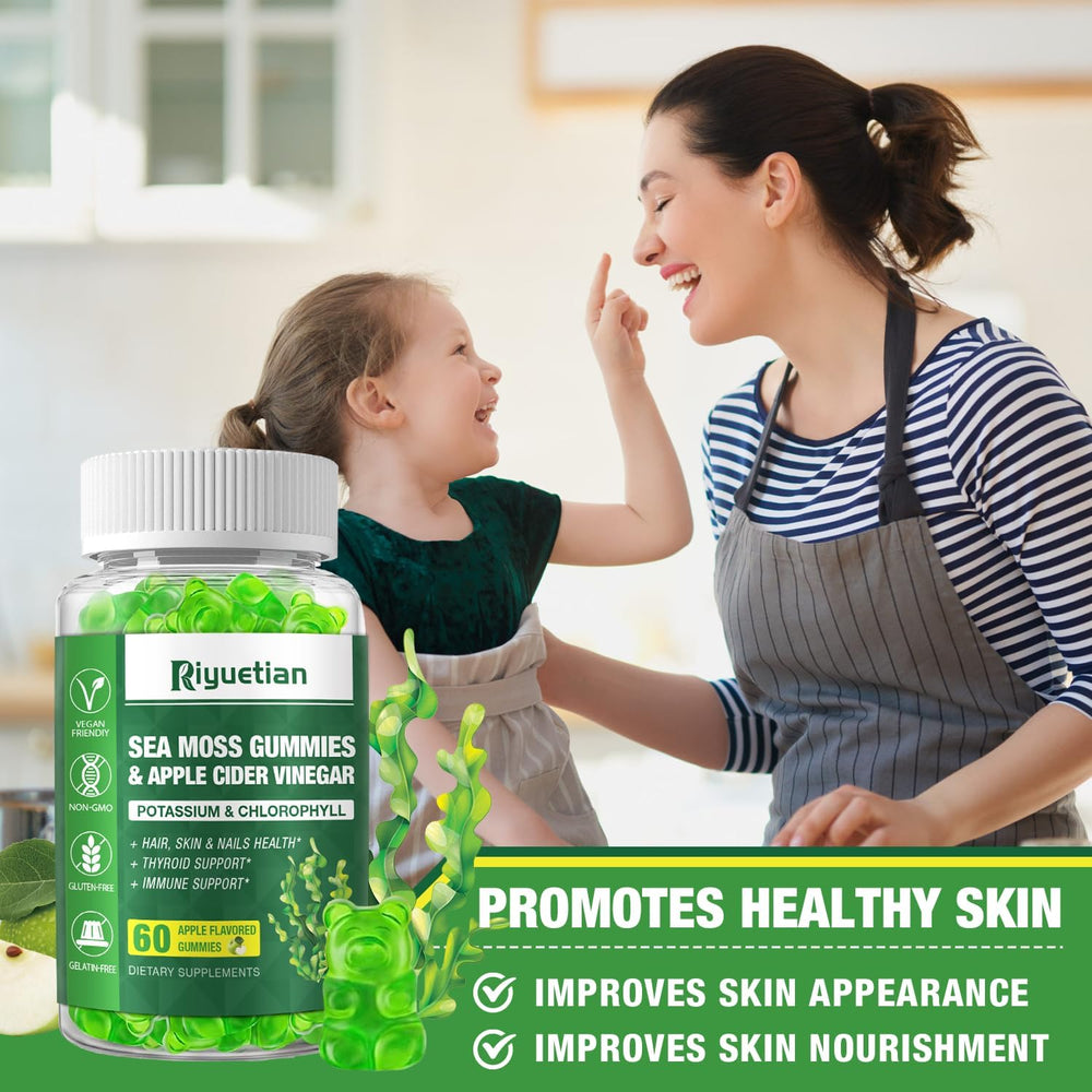 Riyuetian Sea Moss Elderberry gummies serving shot shows immune-friendly nutrients