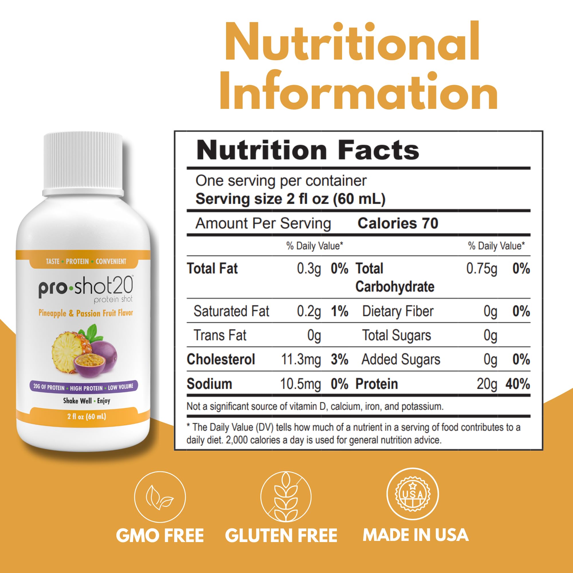 R-Kane Pro-Shot20 packaging highlights clean nutrition and no added sugar.