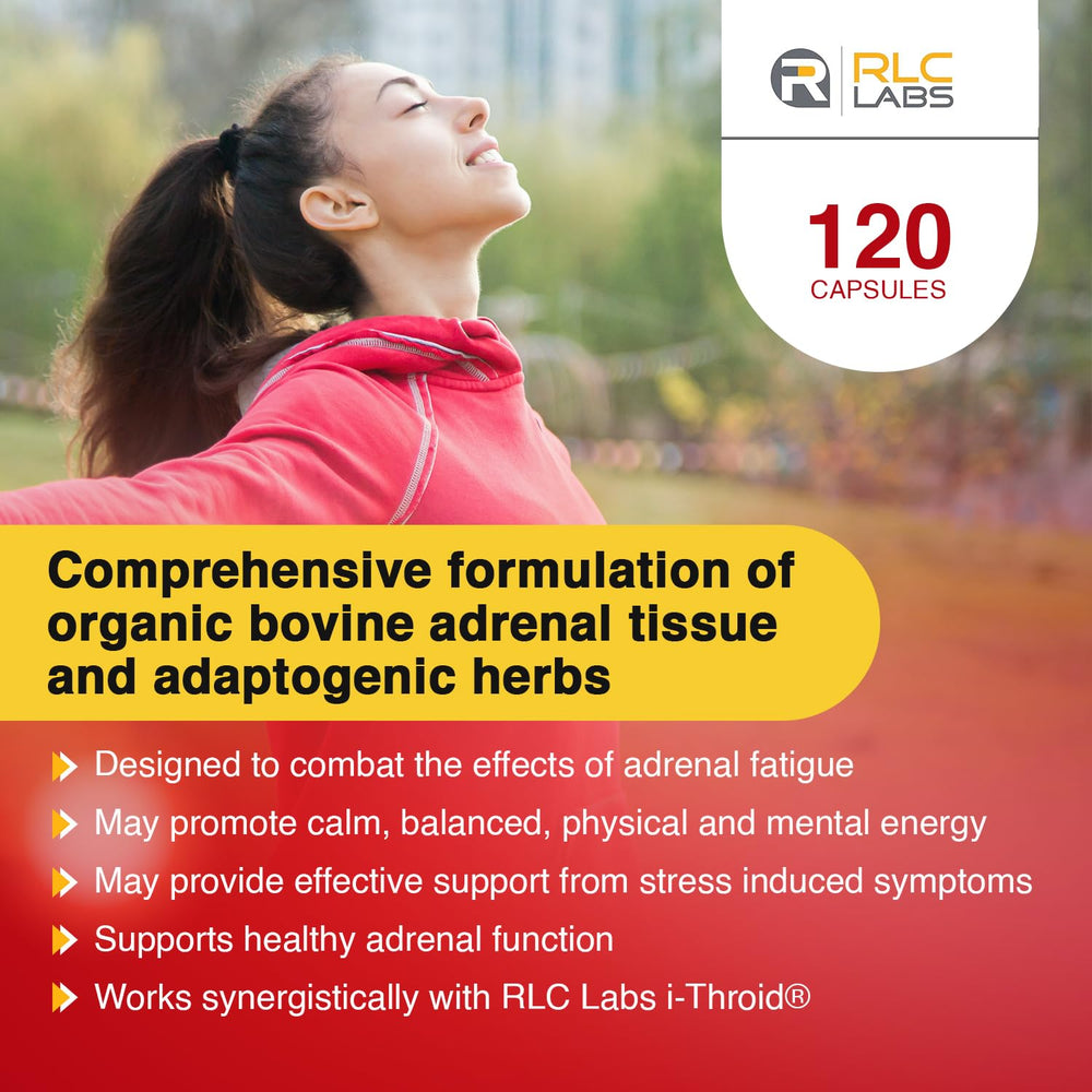 RLC Labs a-Drenal bottle back label highlights non-GMO gluten-free formula.