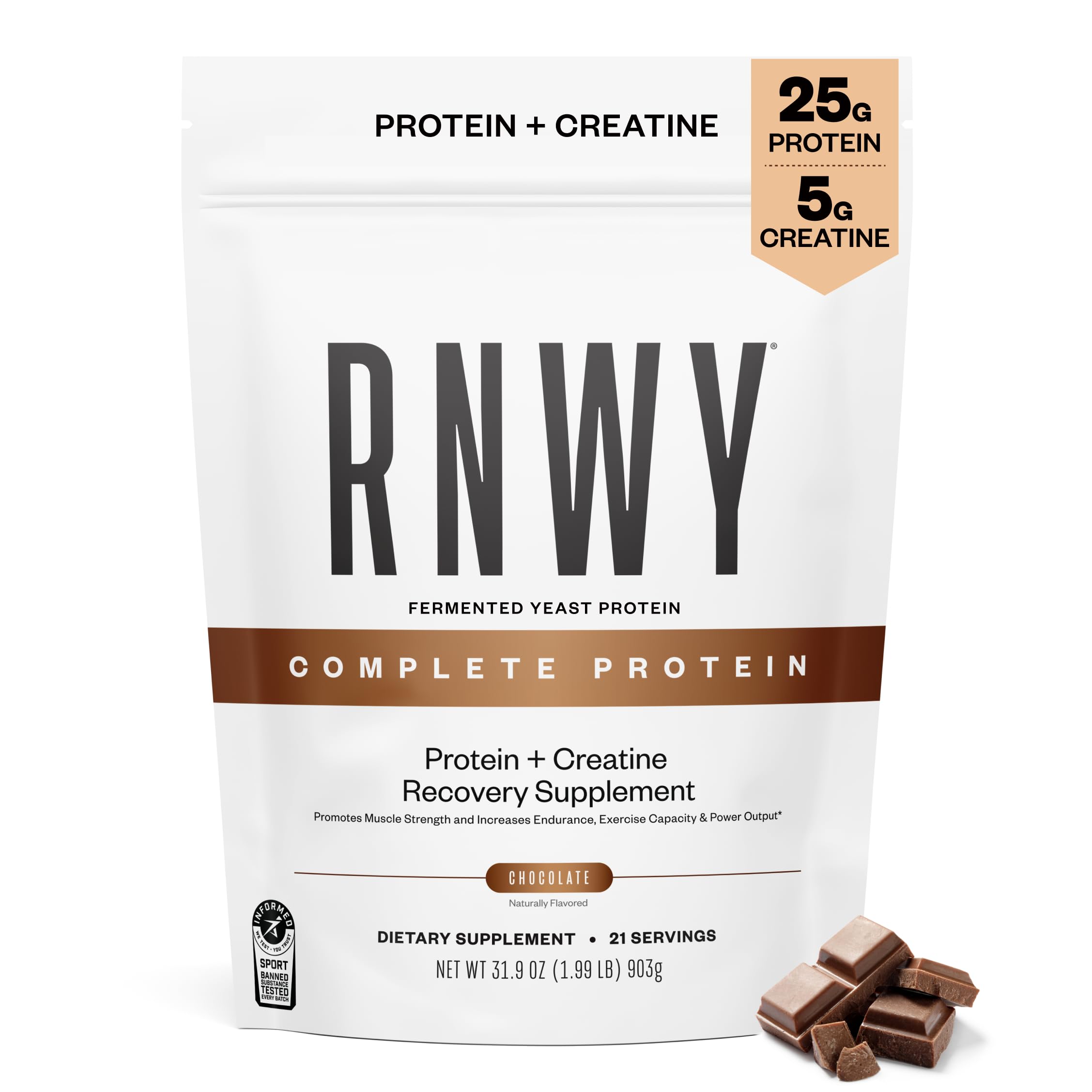 RNWY chocolate protein bottle pouring a quick post-workout recovery shake