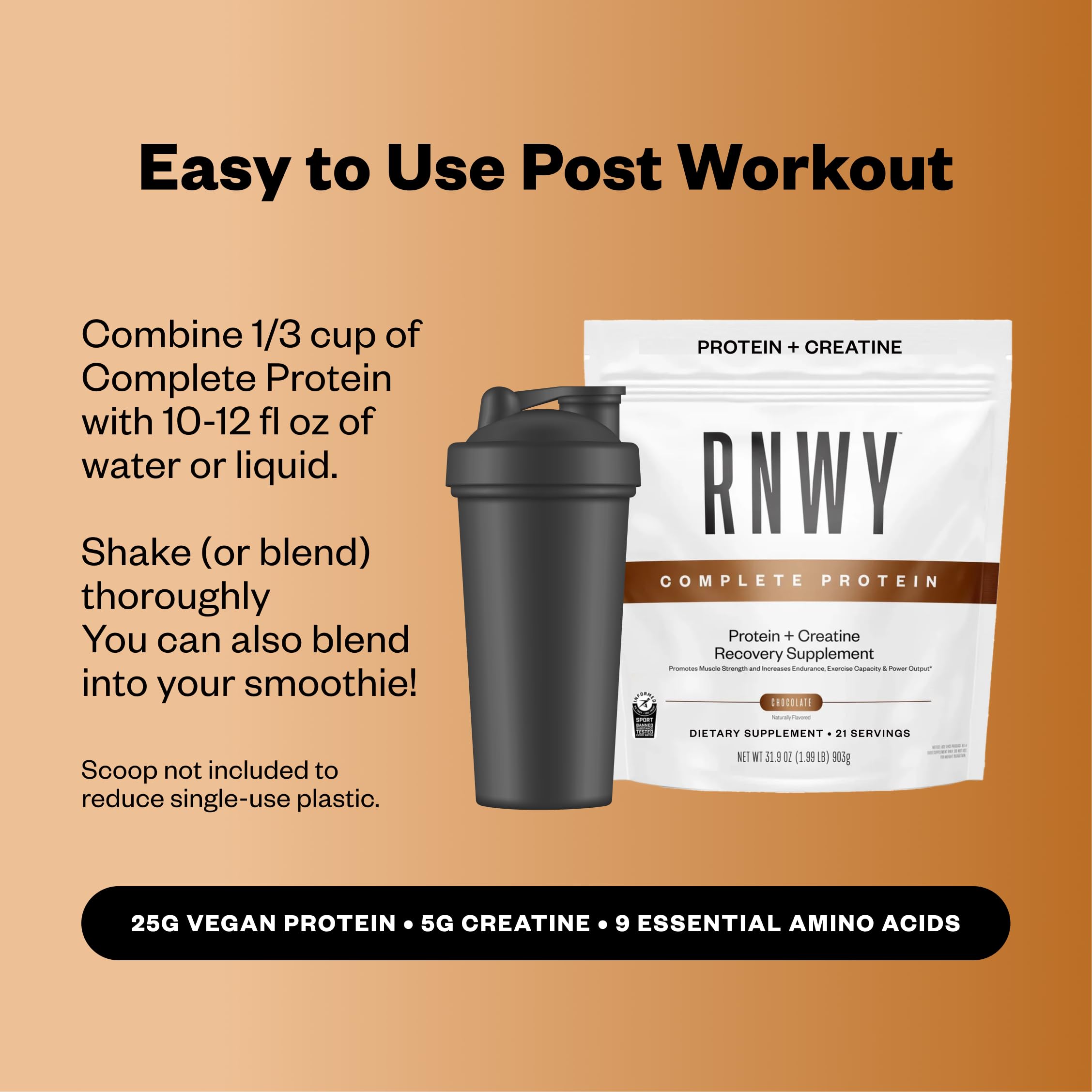 RNWY chocolate protein on kitchen counter beside smoothie ingredients