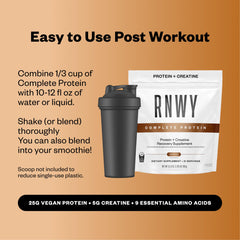 RNWY chocolate protein on kitchen counter beside smoothie ingredients