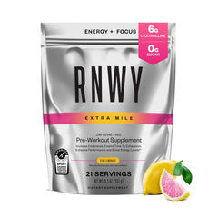RNWY Extra Mile pink lemonade tub showing caffeine-free pre workout option for steady energy