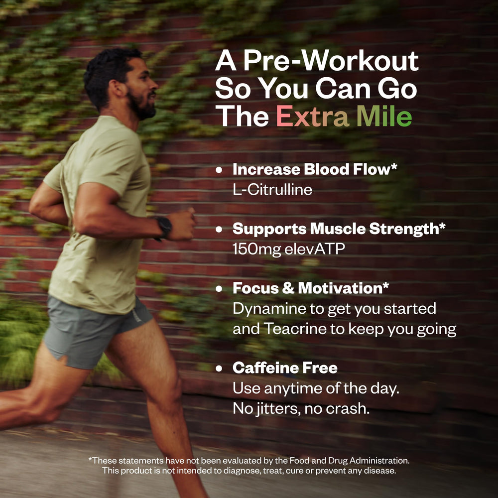 RNWY Extra Mile scoop beside tub illustrating convenient stimulant-free pre-workout portion