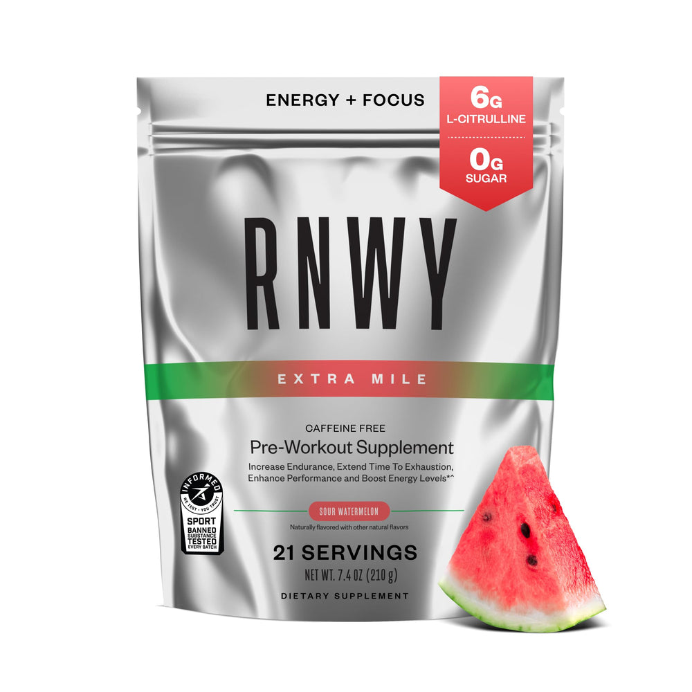 RNWY Extra Mile tub with Sour Watermelon flavor for caffeine-free pre-workout energy
