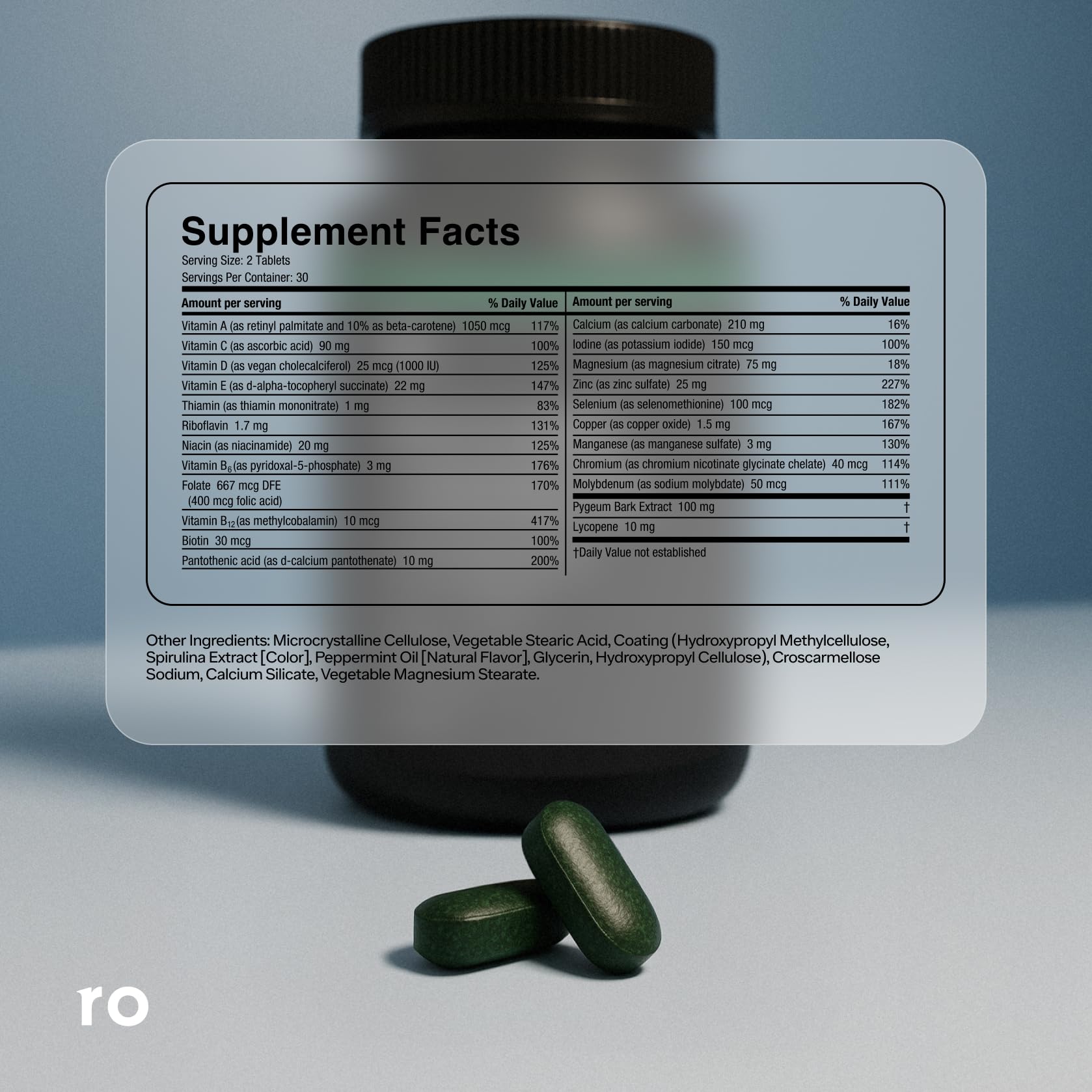 Ro Daily Multivitamin for Men science label with key vitamins