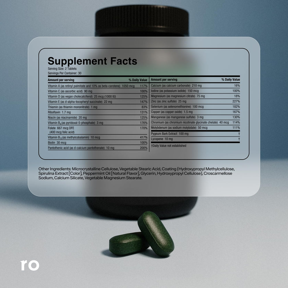 Ro Daily Multivitamin for Men science label with key vitamins