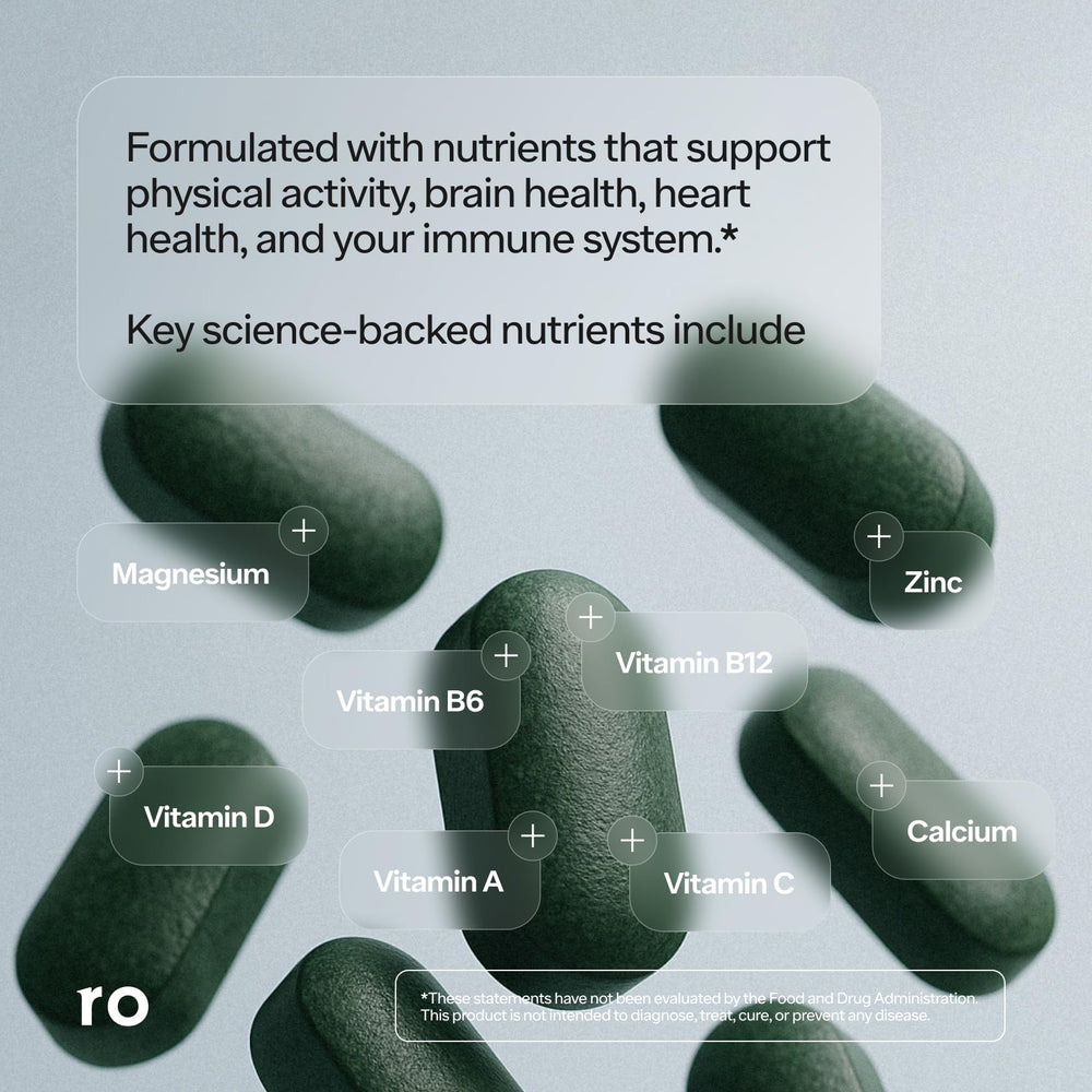 Close-up of Ro Daily Multivitamin for Men tablets with peppermint flavor