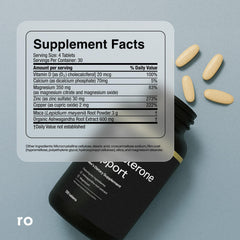 Ro Testosterone Support bottle back label shows ingredients and usage.