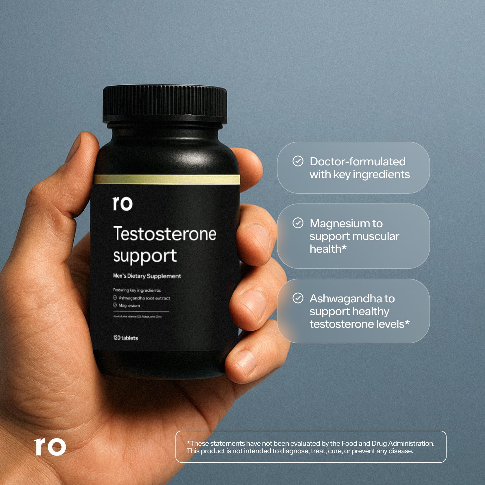 Ro Testosterone Support capsules being poured for easy daily dose.