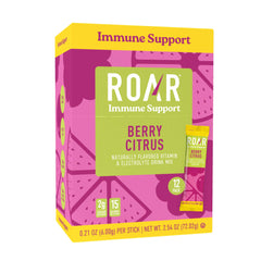 ROAR Immune Support Powder jar beside glass, zinc and elderberry features.