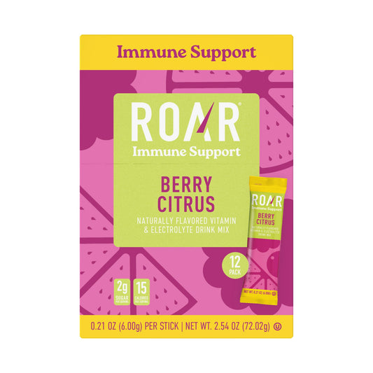 ROAR Immune Support Powder bottle – berry citrus, hydration with electrolytes and vitamin C.
