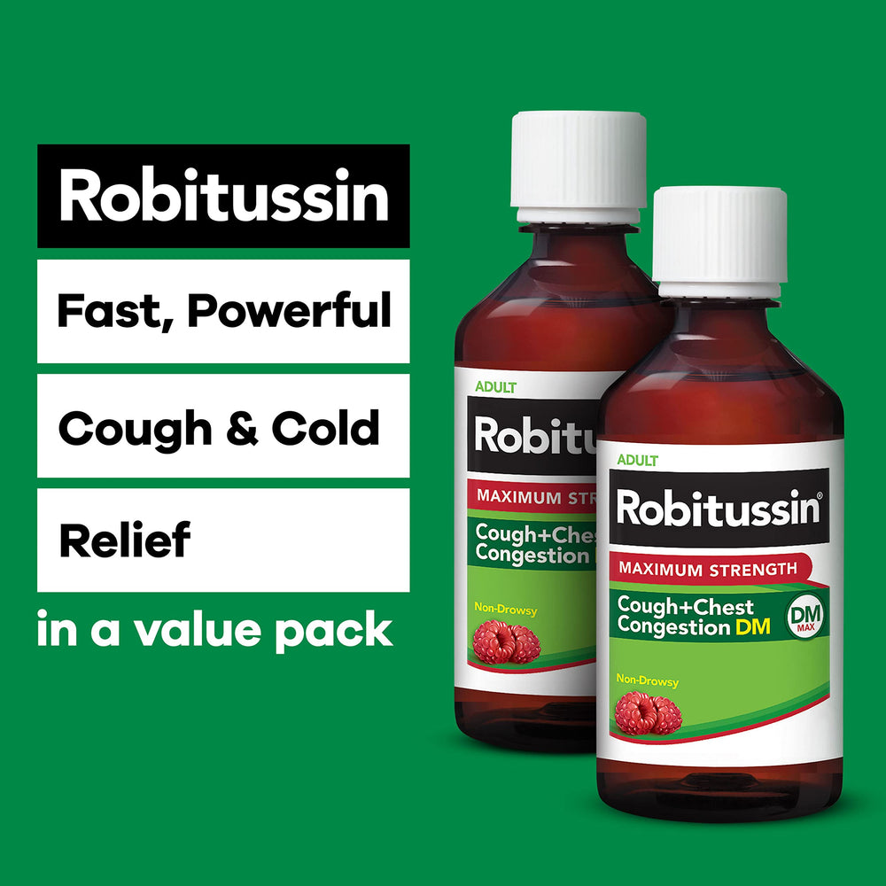 Robitussin max-strength label on bottle highlighting powerful relief.