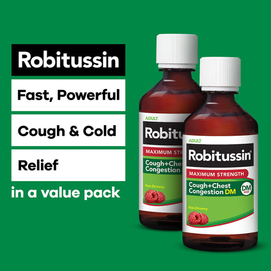 Robitussin max-strength label on bottle highlighting powerful relief.