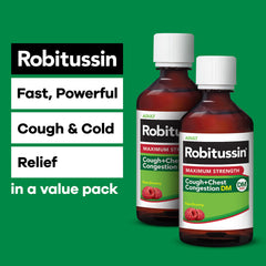 Robitussin max-strength label on bottle highlighting powerful relief.