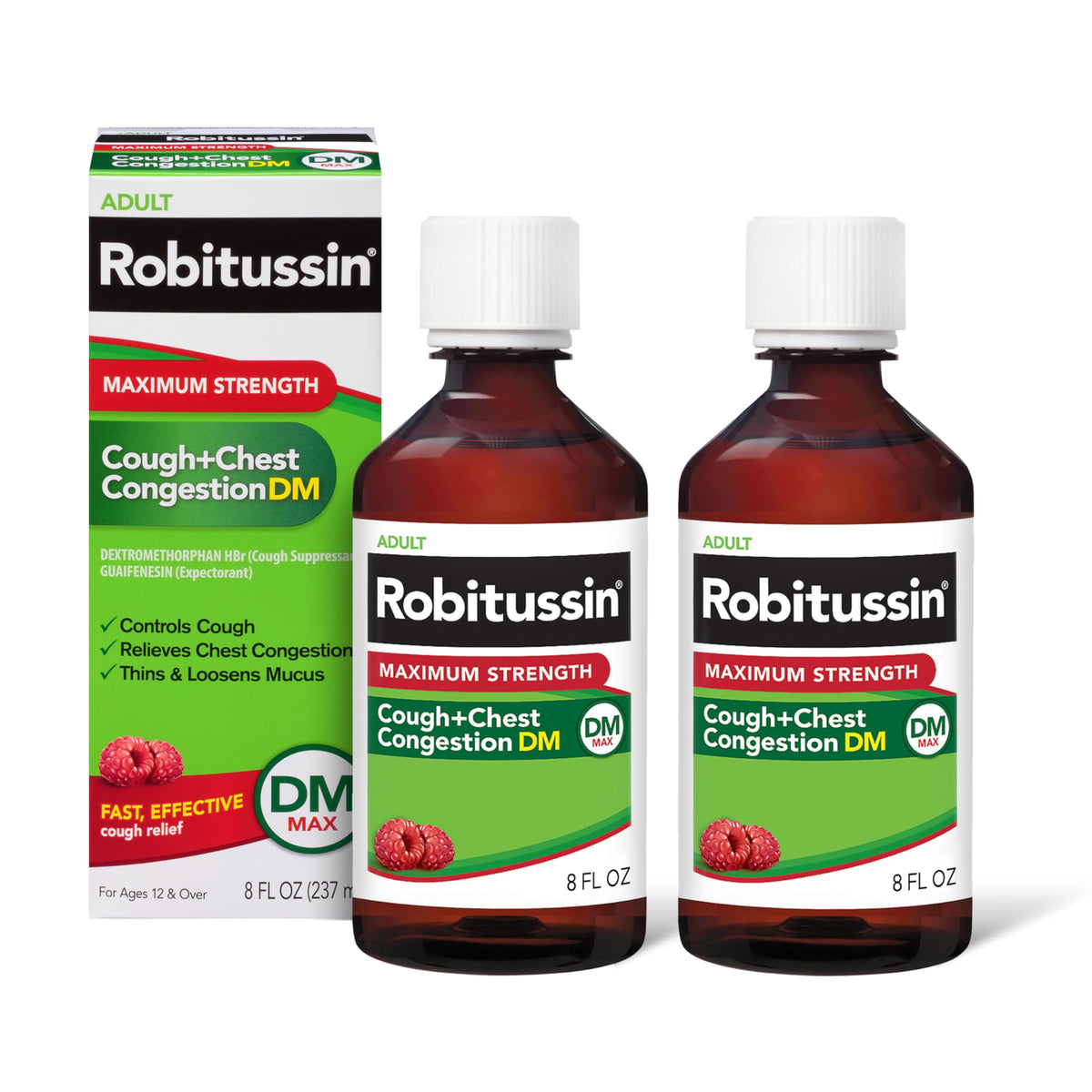 Robitussin Raspberry flavor bottle for quick daytime cough relief.