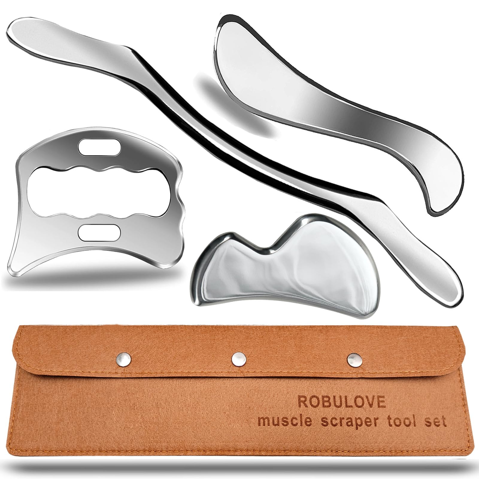 Robulove muscle scraper set inside tan case for organized professional use.