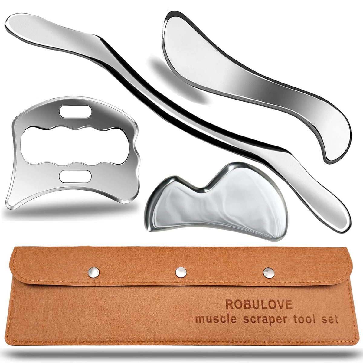 Robulove muscle scraper set inside tan case for organized professional use.
