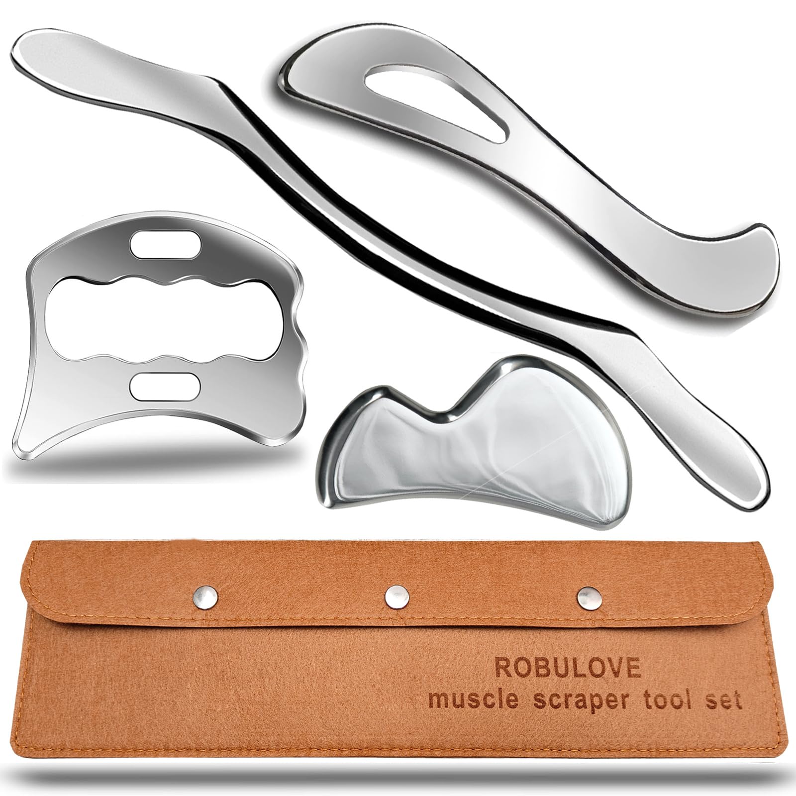Robulove professional stainless steel muscle scraper with ergonomic grip for targeted myofascial release.