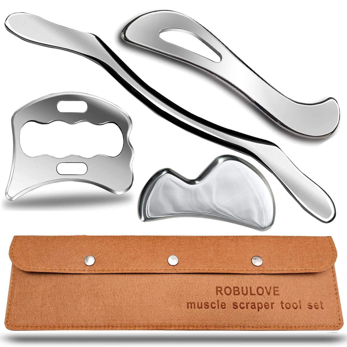 Robulove professional stainless steel muscle scraper with ergonomic grip for targeted myofascial release.