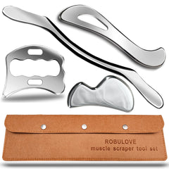 Robulove professional stainless steel muscle scraper with ergonomic grip for targeted myofascial release.