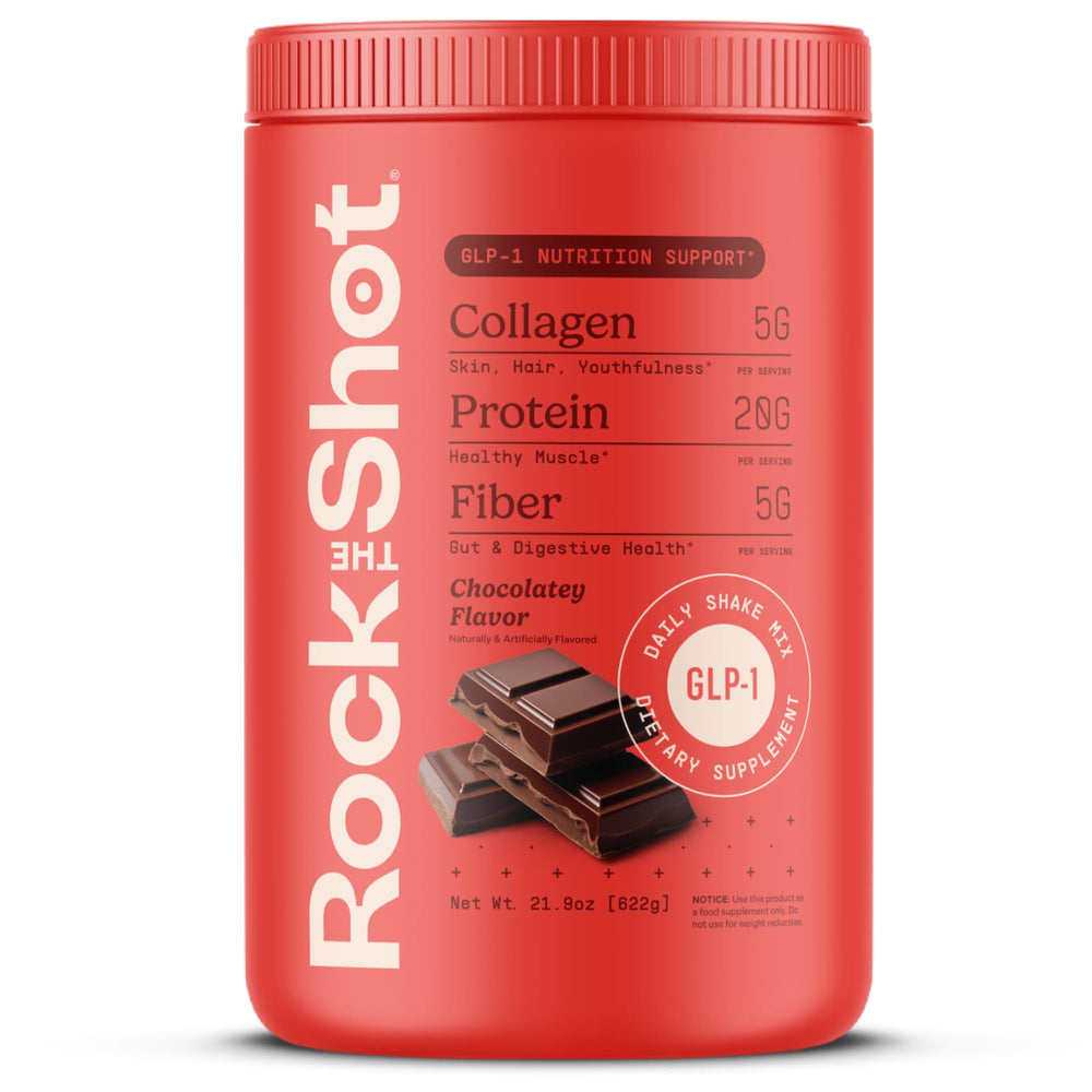 ROCK THE SHOT GLP-1 chocolate shake tub on counter supports daily nutrition