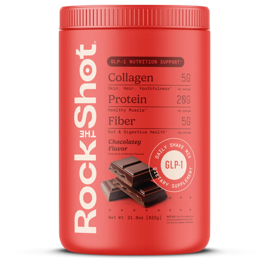 ROCK THE SHOT GLP-1 chocolate shake tub on counter supports daily nutrition