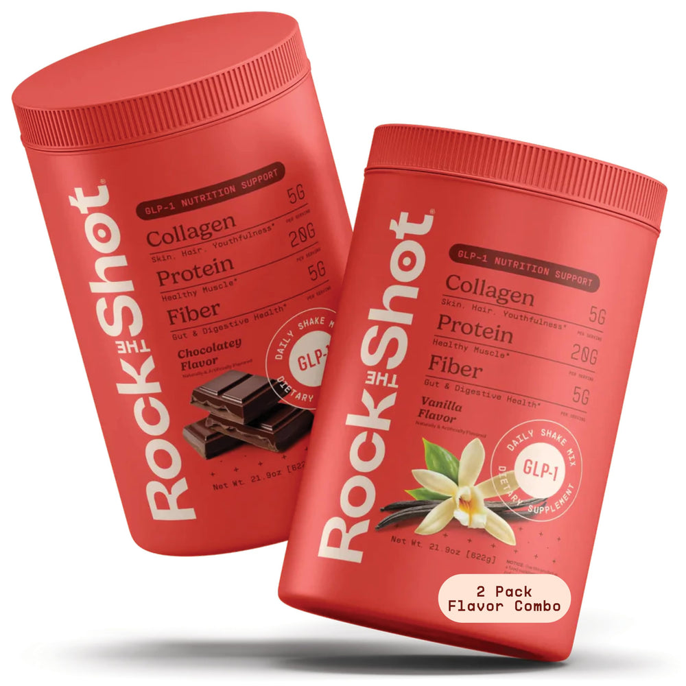 Rock the Shot GLP-1 chocolate shake tub for balanced nutrition during GLP-1 weight management
