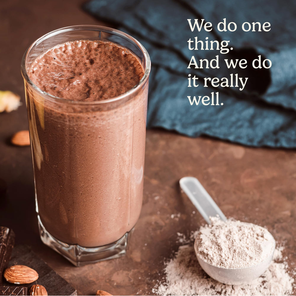 Rock the Shot GLP-1 Support chocolate bottle with measuring scoop emphasizes practical supplementation