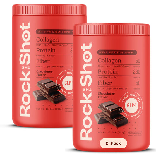 Rock the Shot GLP-1 Support chocolate canister highlights high-protein nutrition for daily balance