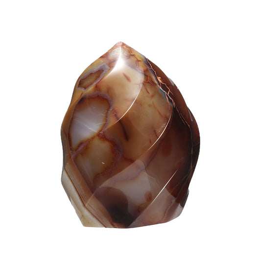 Rockcloud Carnelian Flame Tower front view adds warm color to home shelves.