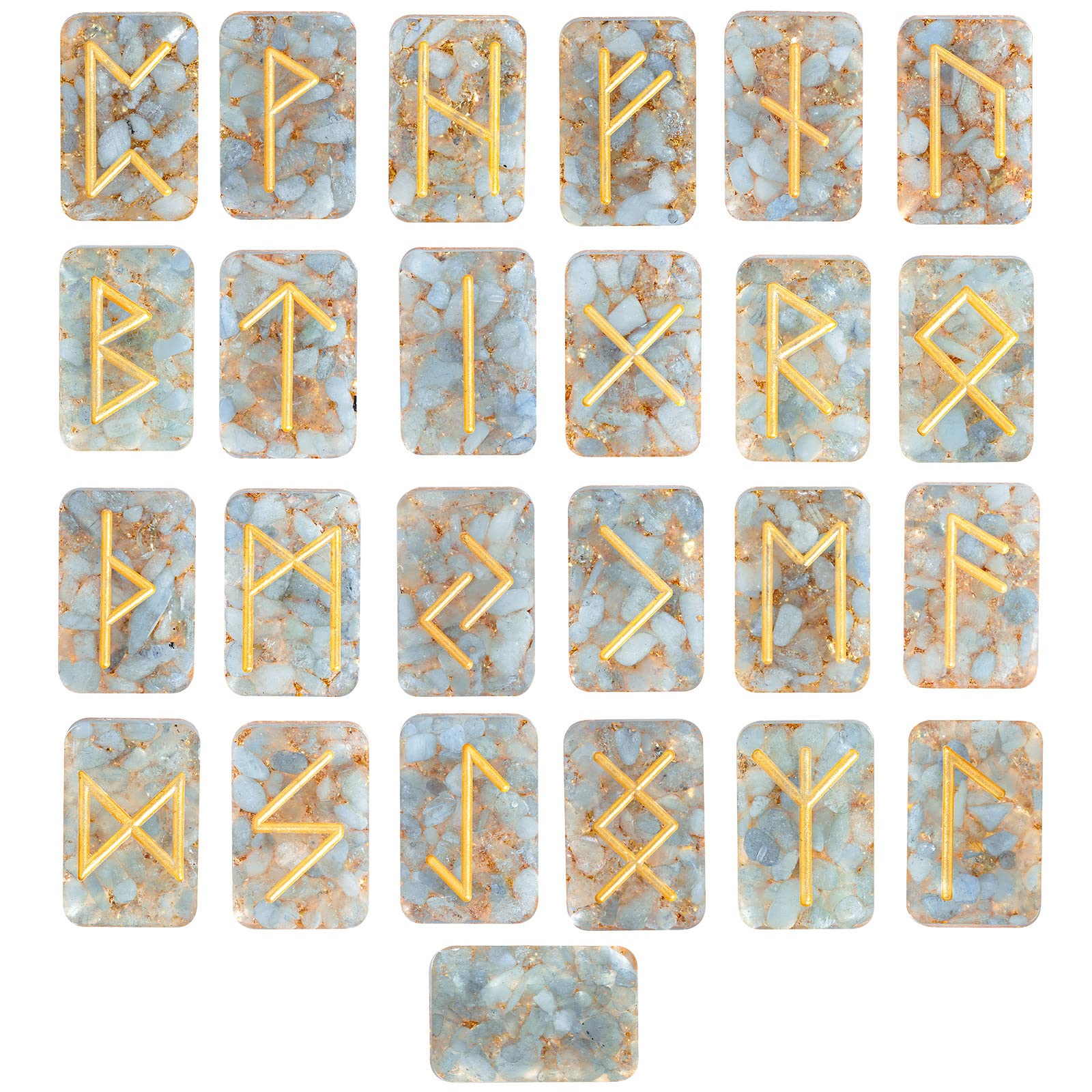 Rockcloud resin aquamarine rune stones set, ideal for meditation and divination
