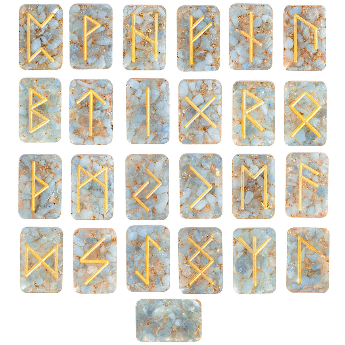 Rockcloud resin aquamarine rune stones set, ideal for meditation and divination
