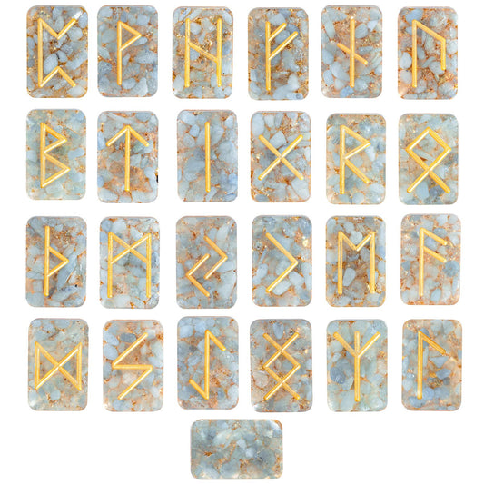 Rockcloud resin aquamarine rune stones set, ideal for meditation and divination